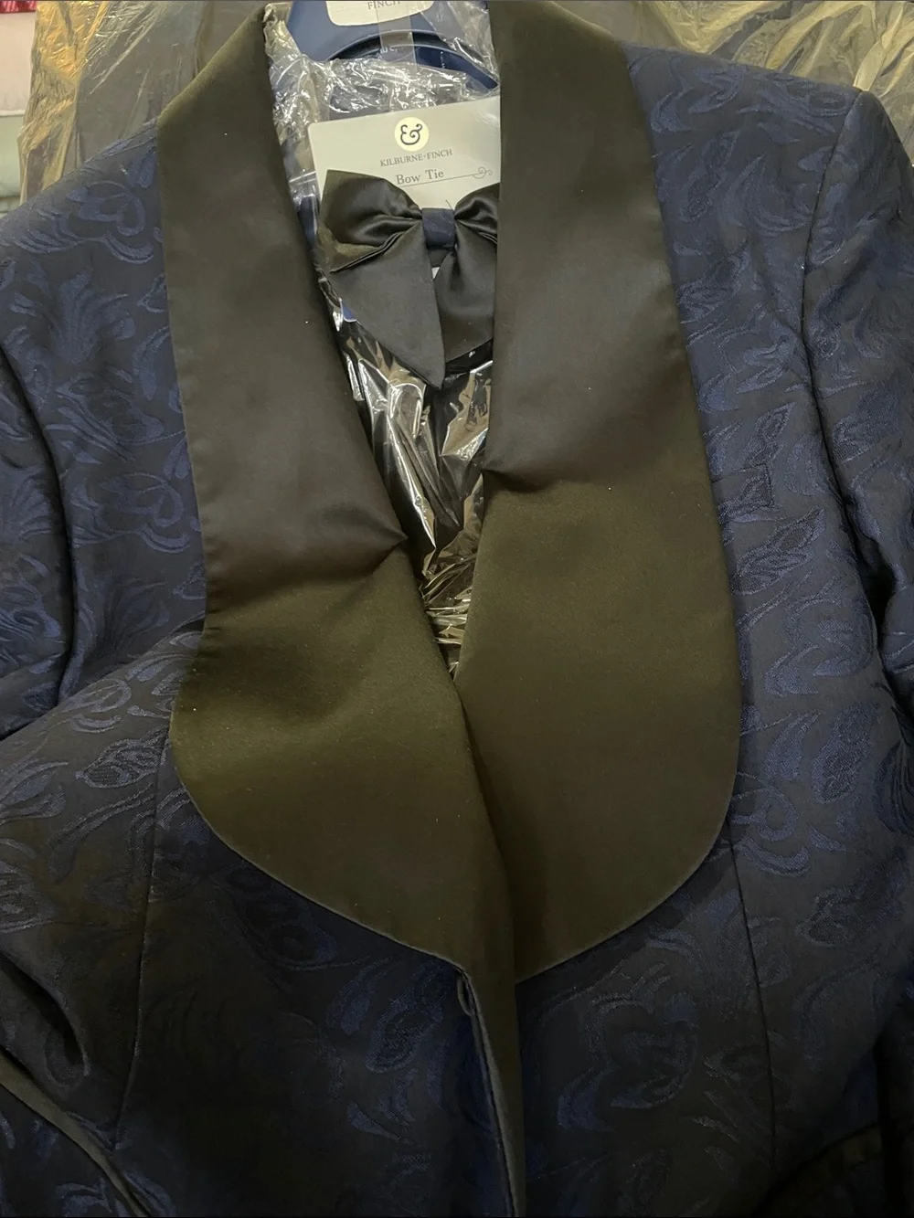Kiltie & Finch Navy Brocade Tuxedo Jacket with Black Satin Shawl Collar